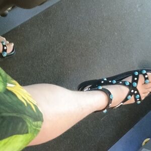 Aqua Black Sandals with Blue Embellishments